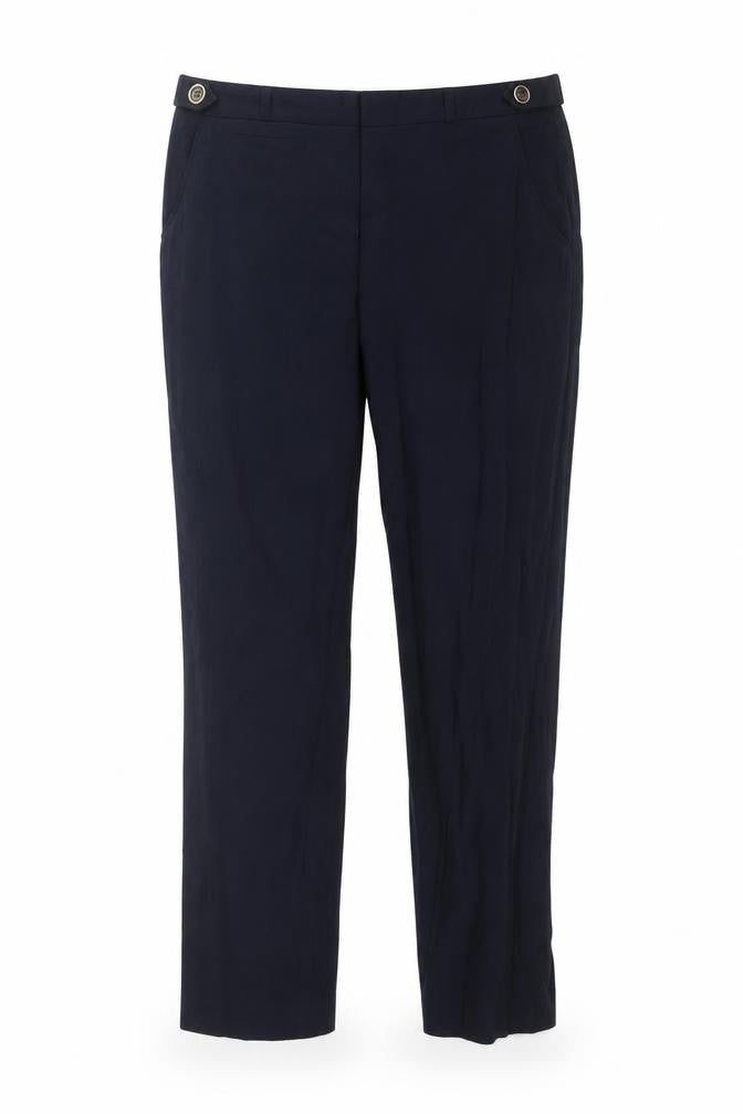Front view of River Island women’s blue trousers, size UK 10, 28-inch leg