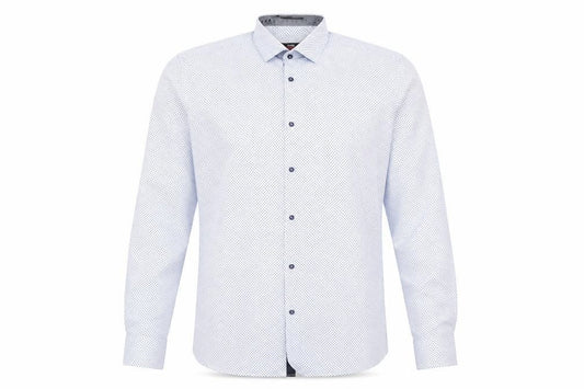 Front view of George men’s blue polka dot dress shirt, size 14