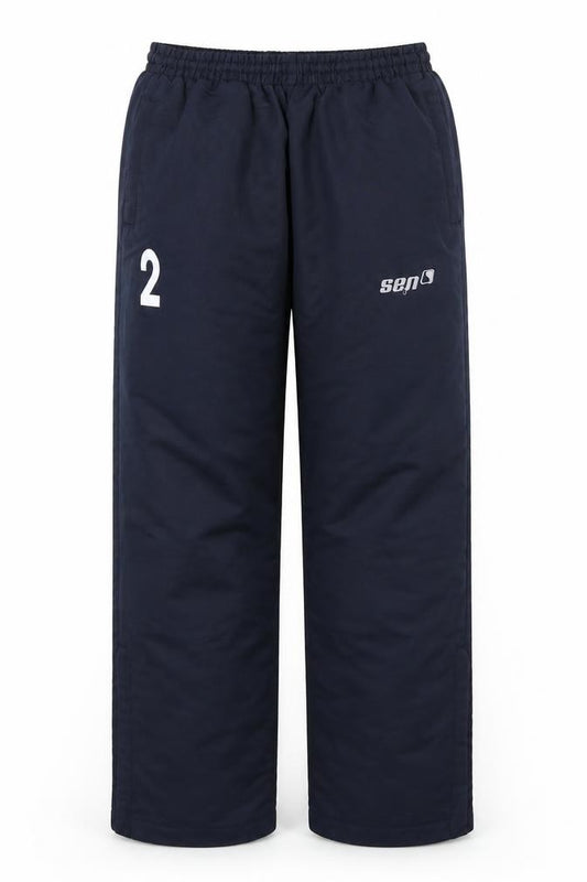 Front view of SEN sport boys’ blue jogger trousers, size L
