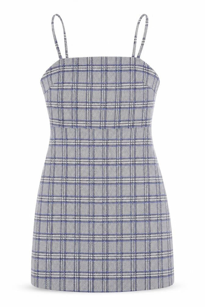 Front view of Primark women’s blue plaid bodycon, size UK 4