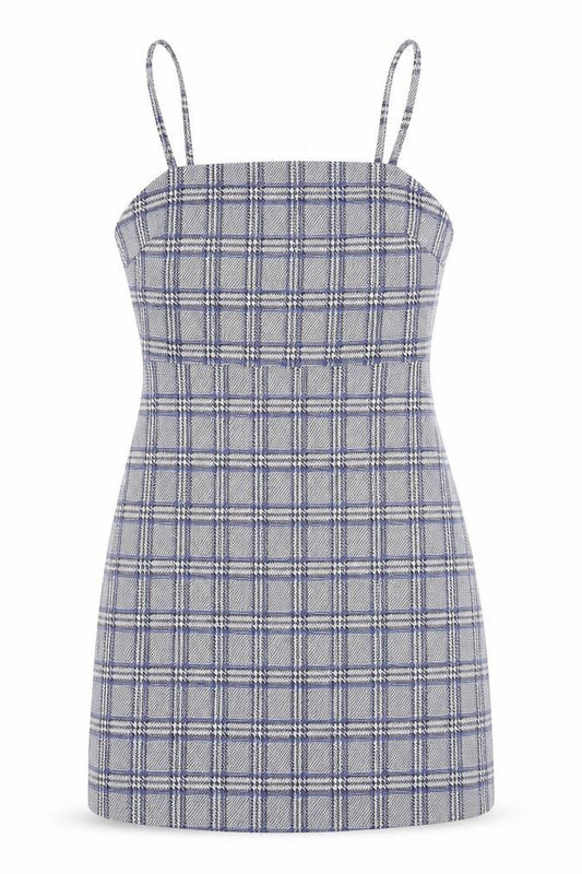 Front view of Primark women’s blue plaid bodycon, size UK 4
