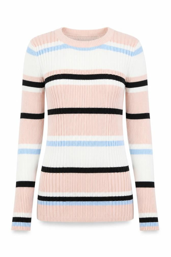 Front view of Atmosphere women’s pink striped knit jumper, size UK 8