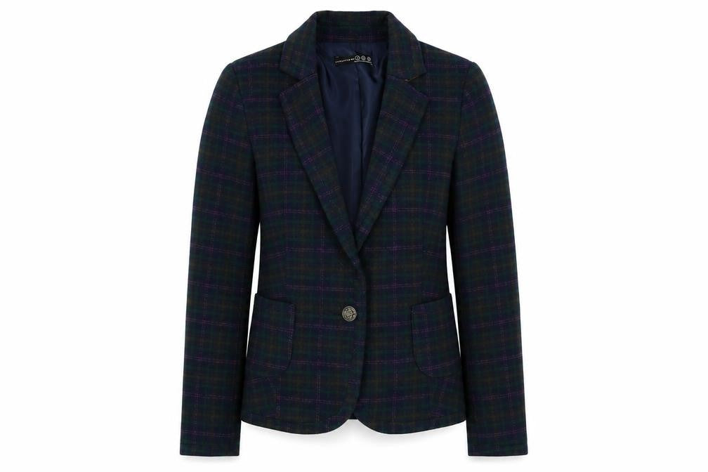 Front view of Primark women’s blue plaid jacket blazer, size UK 6