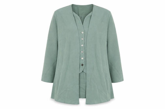 Front view of Ann Harvey women’s green basic button-up, size UK 18