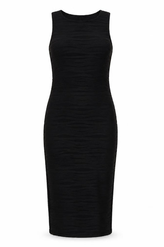 Front view of New Look women’s black striped wrap dress, size UK 10