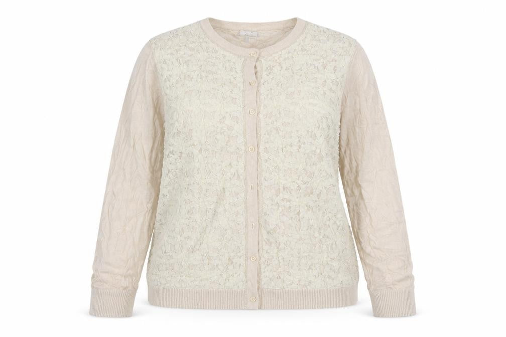 Front view of Per Una women’s brown floral cardigan jumper, size UK 18