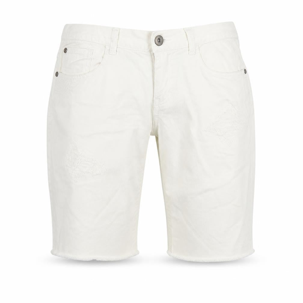 Front view of Sanctuary women’s ivory denim cut-off shorts, size UK 31, in - distressed