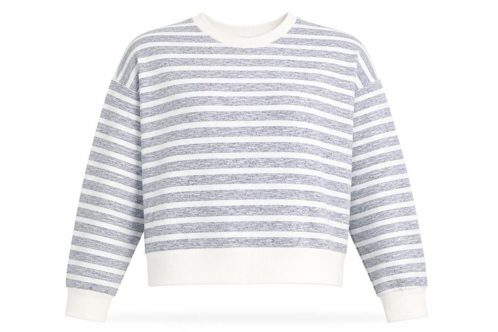 Front view of Primark women’s blue striped pullover sweatshirt, size XS