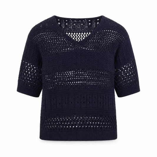 Front view of F&F women’s blue geometric knit jumper, size UK 8
