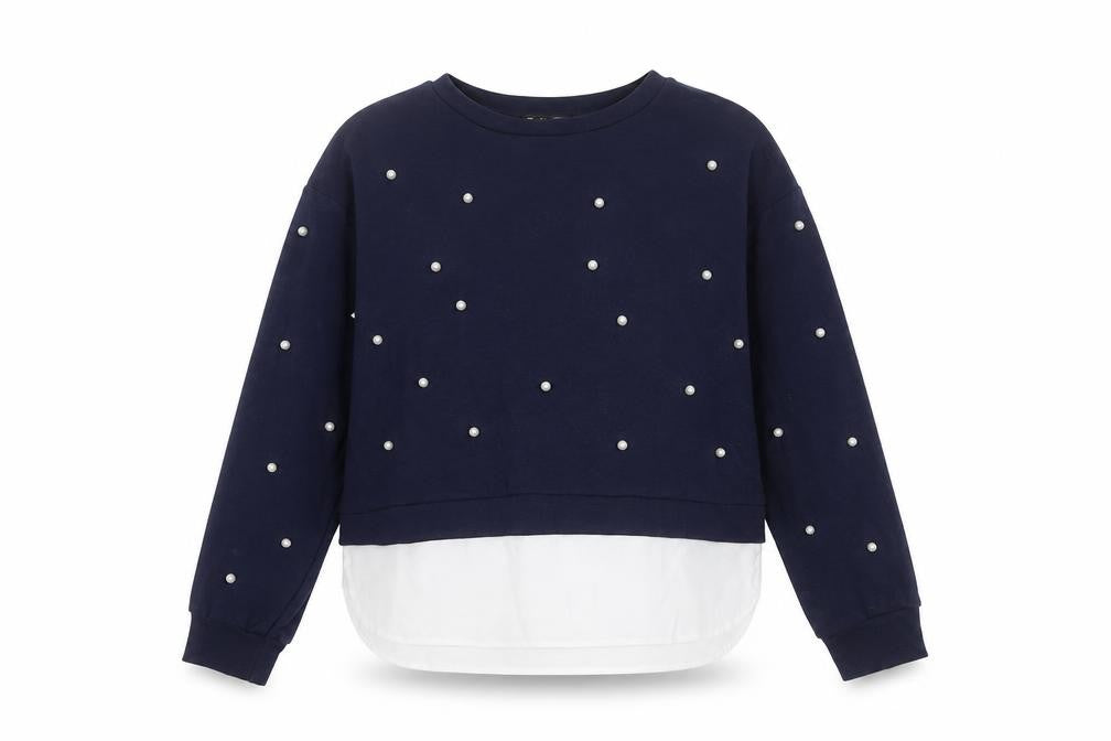 Front view of SHEIN women’s blue pullover sweatshirt, size L, - beaded
