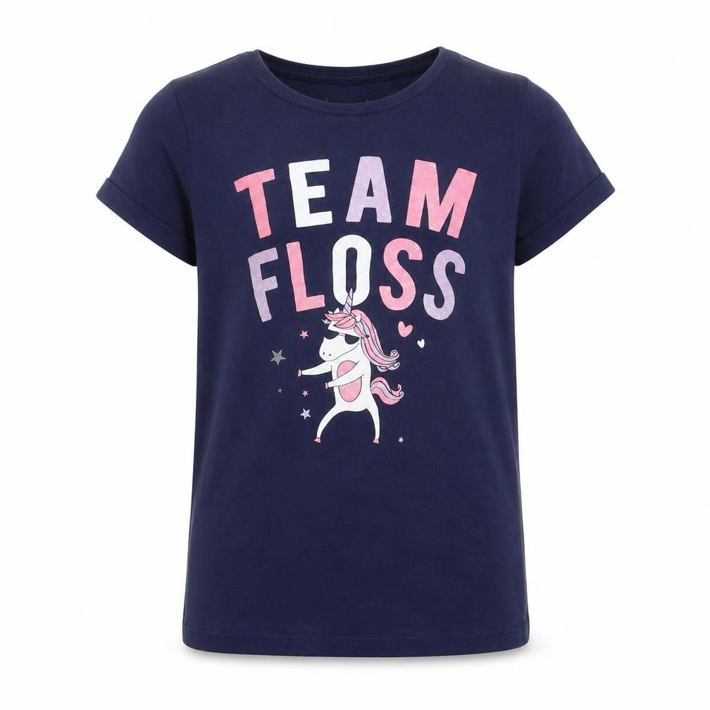 Front view of Primark girls’ blue basic t-shirt, size 11-12, years - team floss unicorn