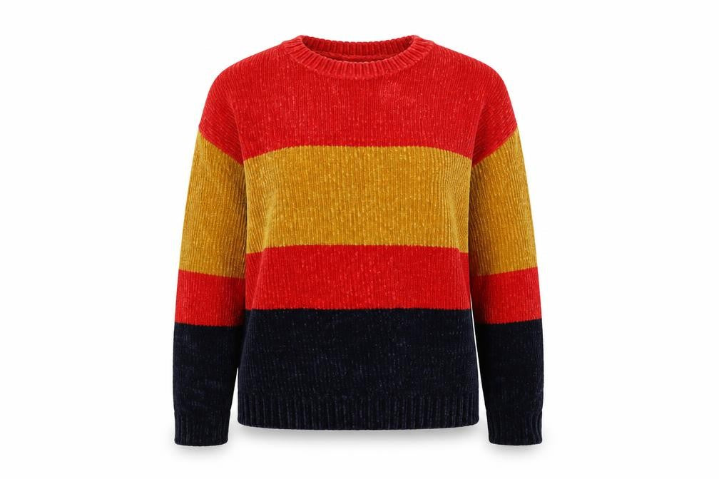 Front view of Papaya women’s blue striped jumper, size M
