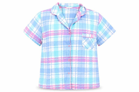 Front view of Dunnes women’s multicoloured check top pyjama top, size UK 8
