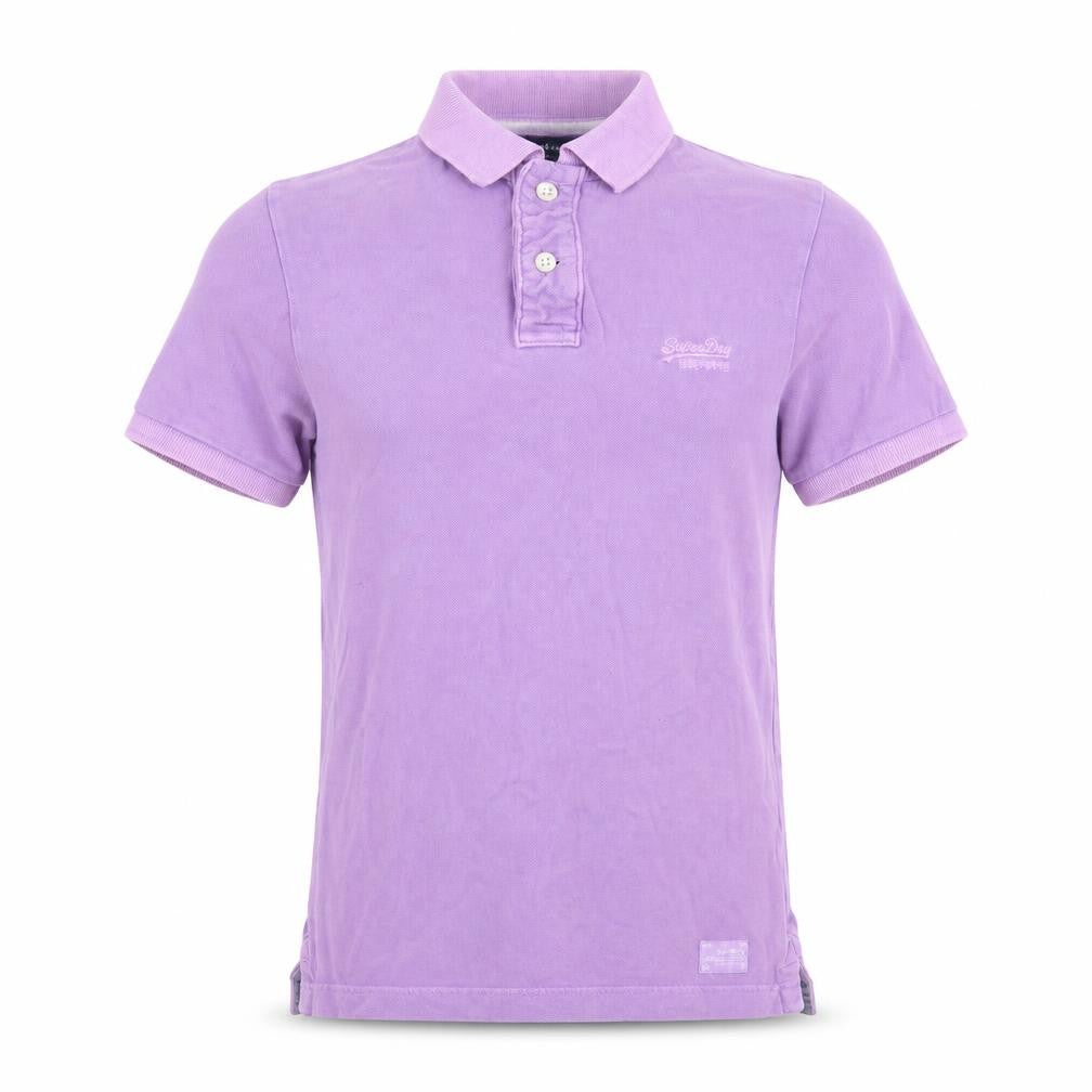 Front view of vintage destroyed men’s purple polo, size S