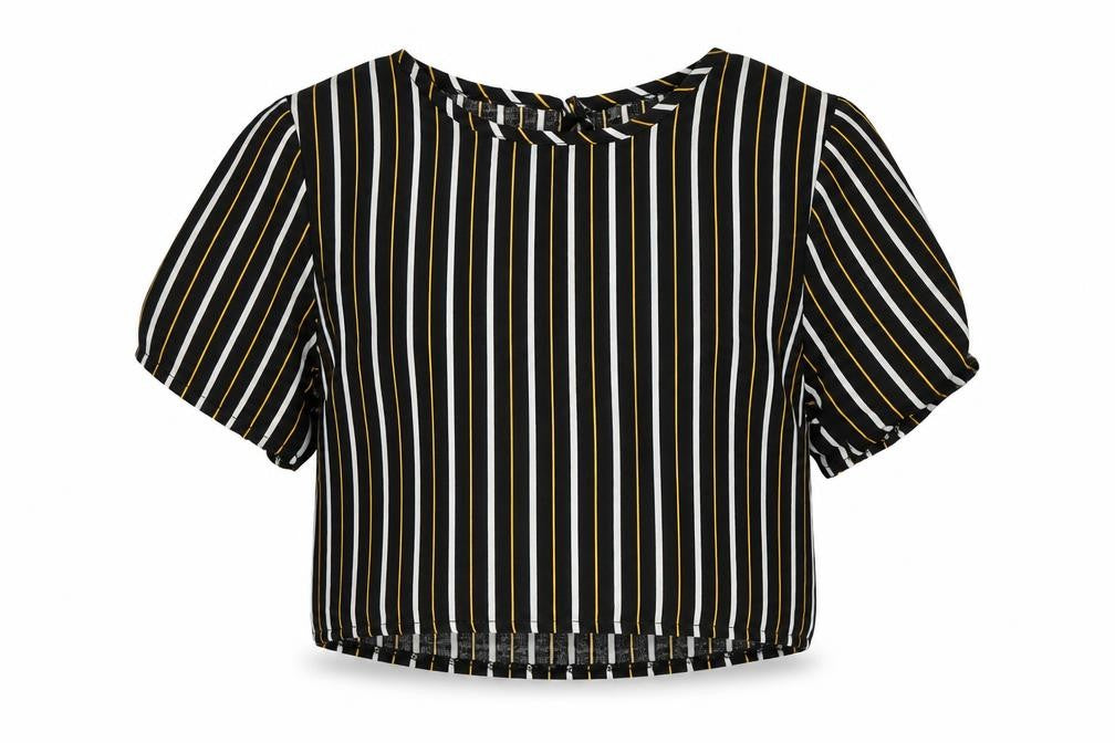 Front view of miss evie girls’ multicoloured striped basic blouse, size 8-9, years