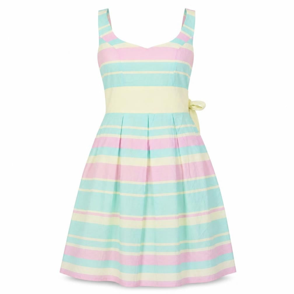 Front view of Red Herring women’s multicoloured striped skater dress, size UK 6