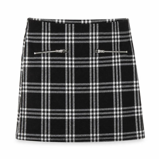 Front view of Miss E-vie girls’ black check jersey a-line skirt, size 10-11, years