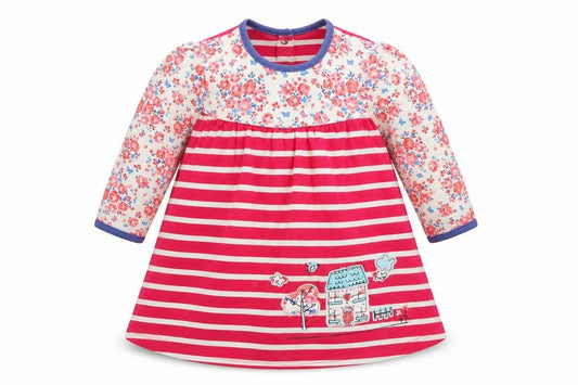 Front view of Mini Club girls’ pink floral t-shirt dress, size 6-9, months