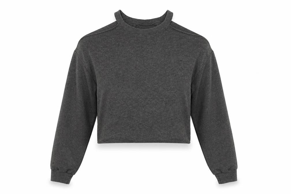 Front view of women’s grey pullover sweatshirt, size S
