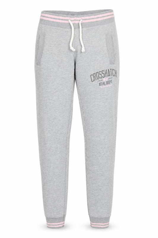 Front view of Crosshatch women’s grey striped sweatpants, size XS, 28-inch leg