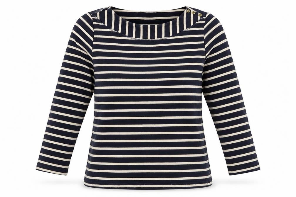 Front view of Marks & Spencer women’s blue striped jumper, size UK 12