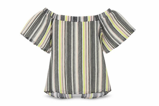 Front view of River Island women’s multicoloured striped basic blouse, size UK 12
