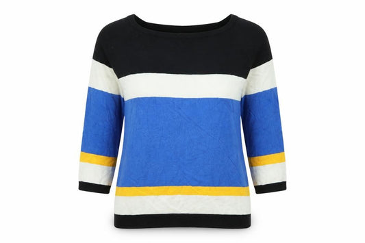 Front view of F&F women’s blue striped jumper, size UK 10