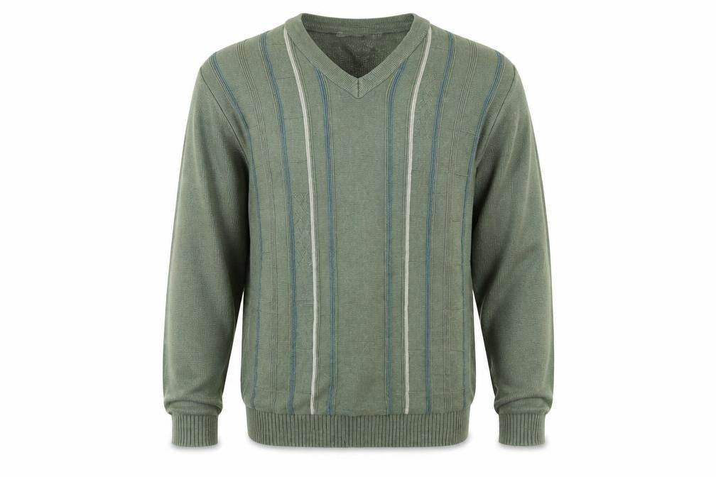 Front view of EWM men’s green jumper, size M