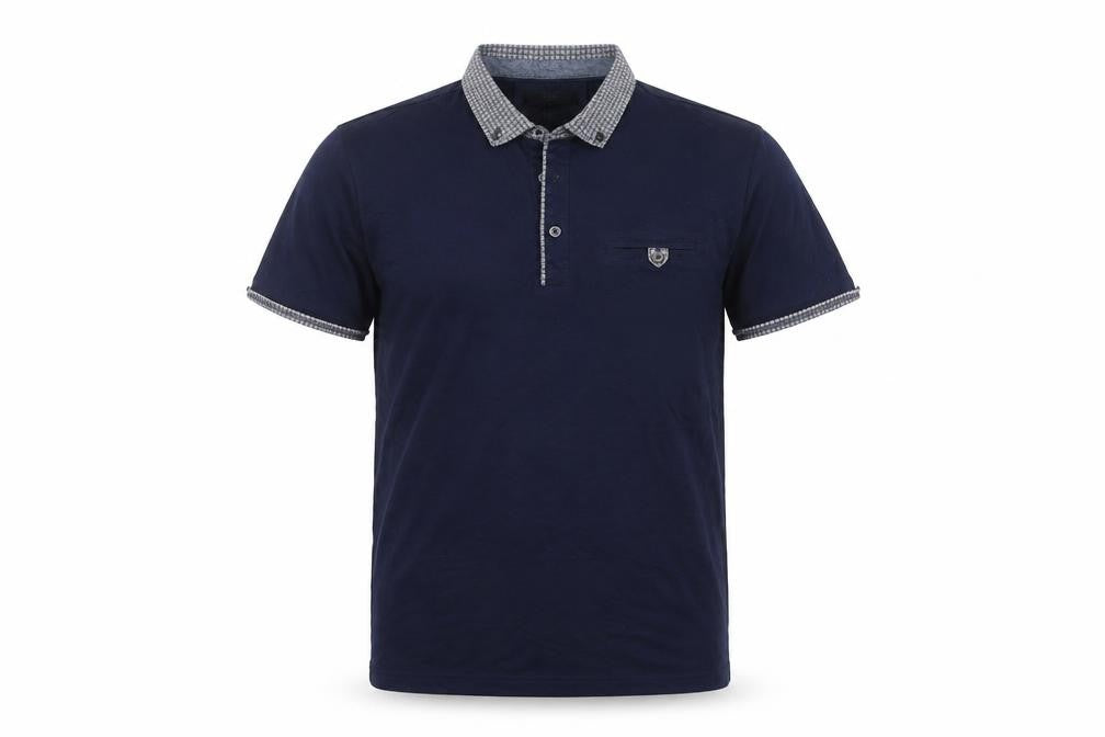 Front view of awc85 men’s blue polo, size M