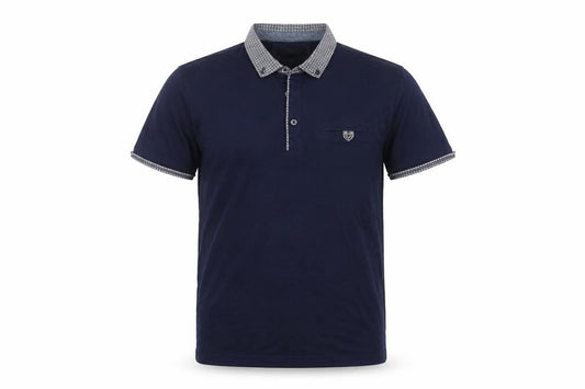 Front view of awc85 men’s blue polo, size M