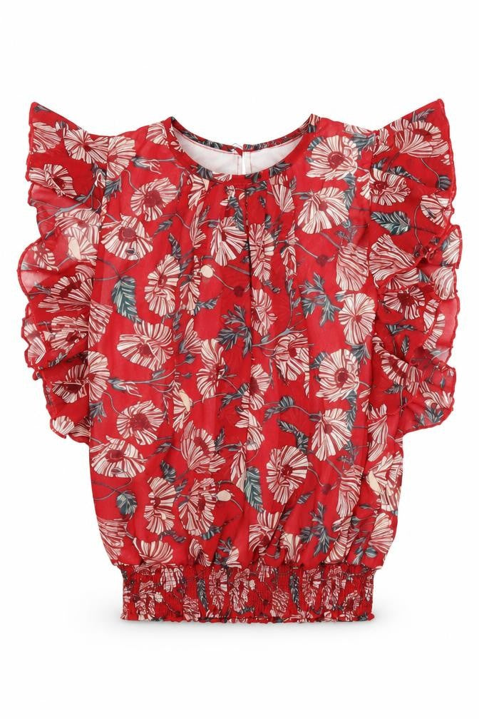 Front view of Qt girl girls’ red floral basic blouse one size