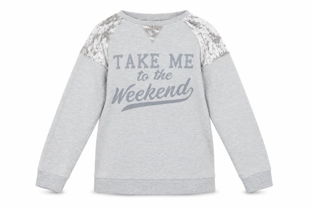 Front view of Peacocks women’s grey pullover sweatshirt, size UK 10, - take me to the weekend