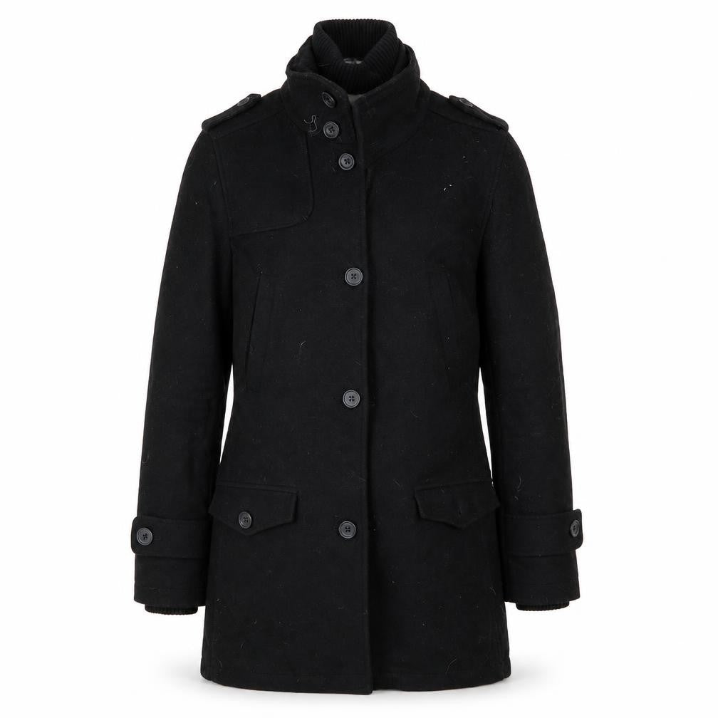Front view of Cedarwood State women’s black overcoat coat, size XS