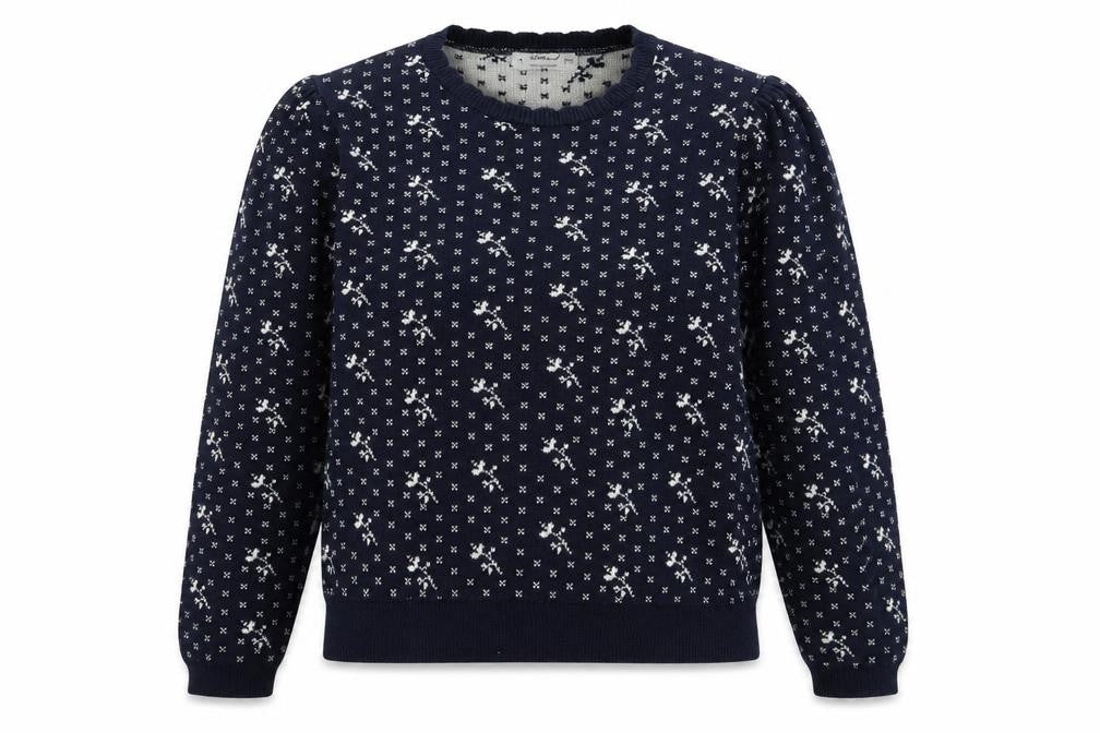 Front view of Marks & Spencer women’s blue floral jumper, size UK 18