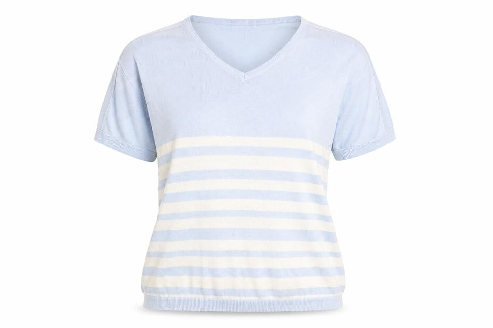 Front view of Sara Woman women’s blue striped pullover sweatshirt, size UK 14