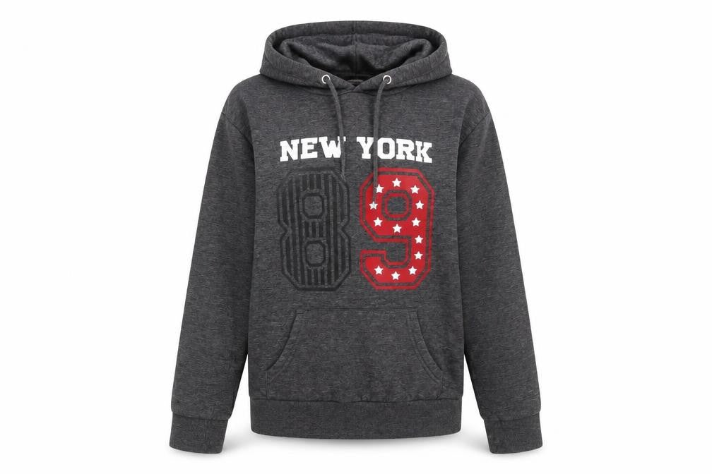 Front view of Primark women’s grey pullover hoodie, size UK 10