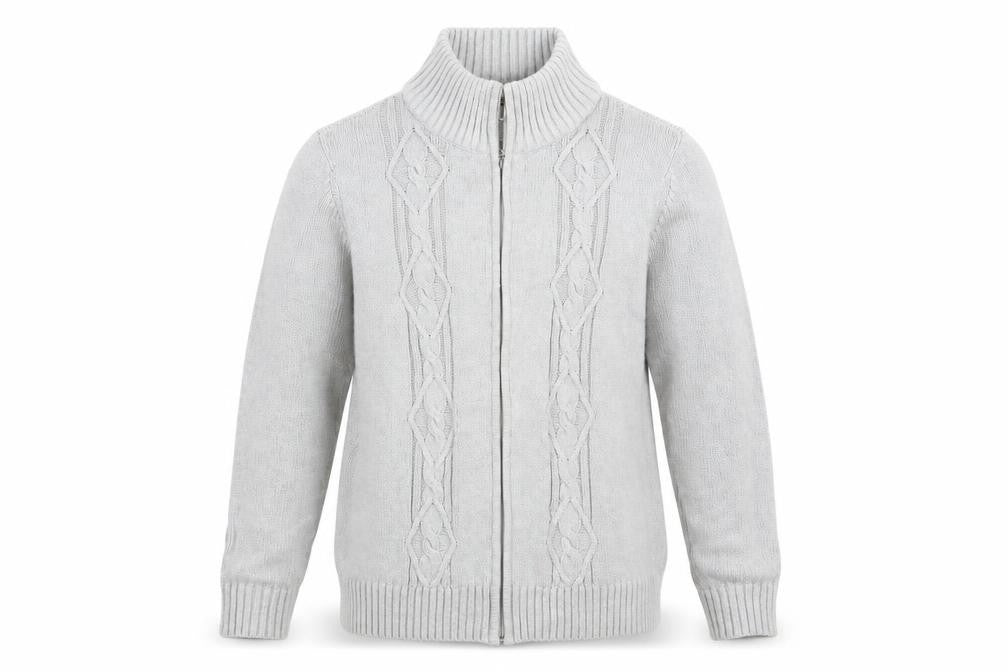 Front view of Bonmarché men’s grey knit full zip jumper, size M