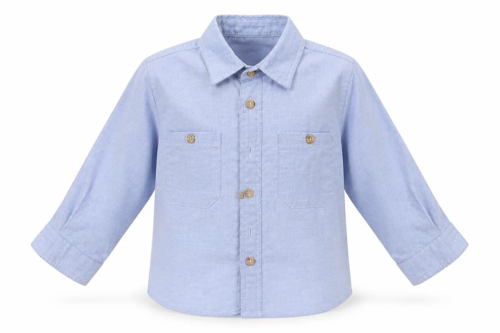 Front view of Tomboys boys’ blue basic button-up, size 2-3, years