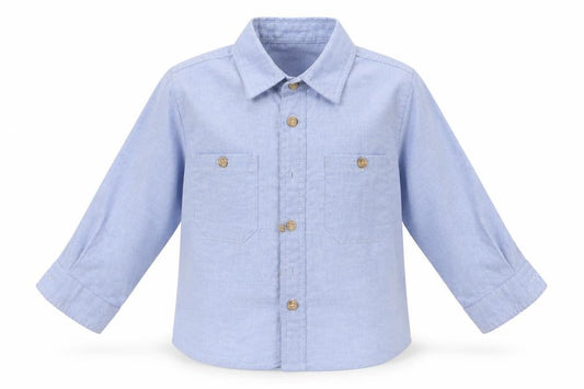 Front view of Tomboys boys’ blue basic button-up, size 2-3, years