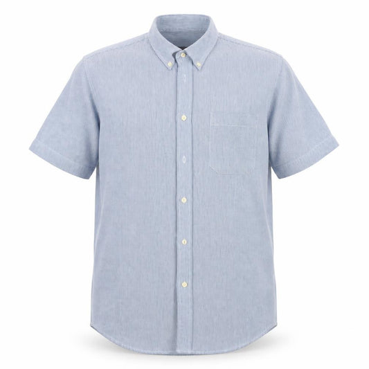 Front view of Petroleum Wear men’s blue check button-up, size M