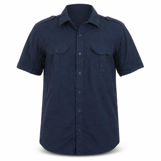 Front view of Brooker men’s blue button-up, size L