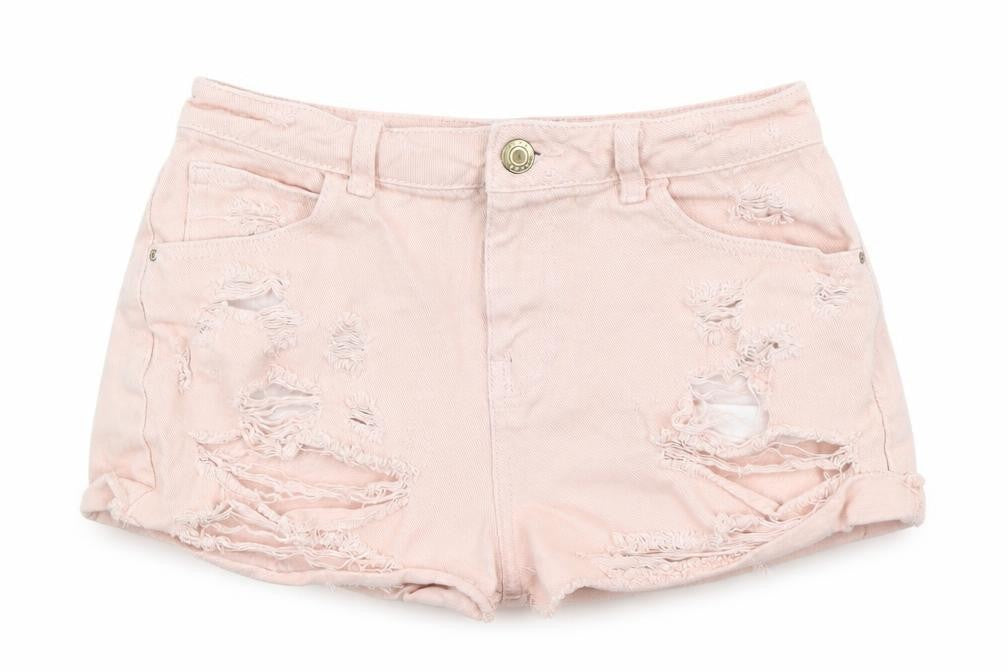 Front view of Denim Co women’s pink denim hot pants shorts, size UK 8, - distressed