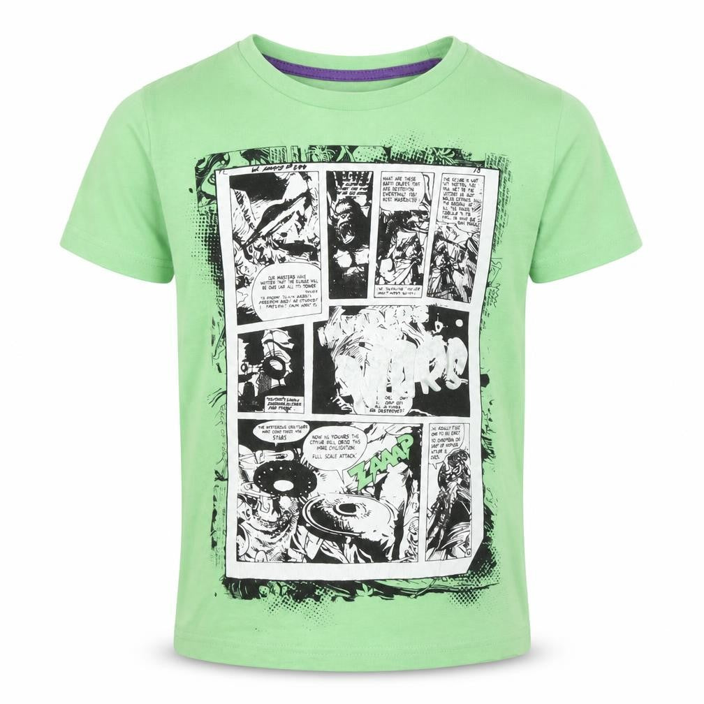 Front view of F&F boys’ green basic t-shirt, size 5-6, years - comic book