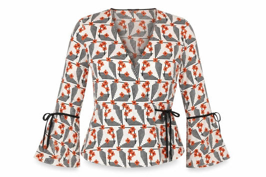 Front view of Topshop women’s beige floral wrap blouse, size UK 6