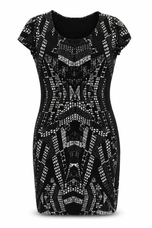 Front view of H&M women’s black geometric wrap dress, size M