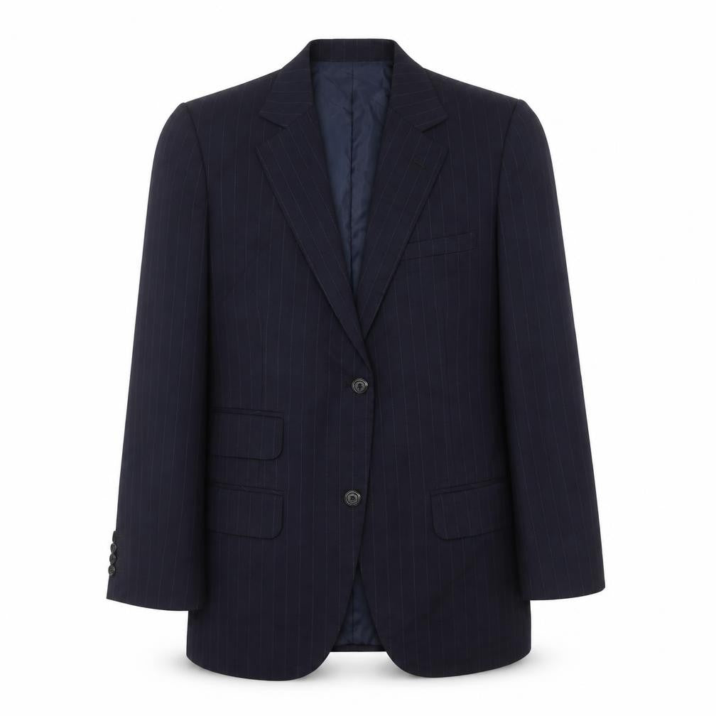 Front view of van hieu men’s blue striped jacket suit jacket, size 40