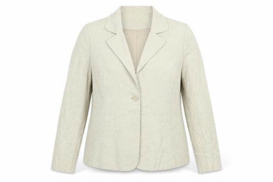 Front view of Bonmarché women’s beige jacket suit jacket, size UK 18