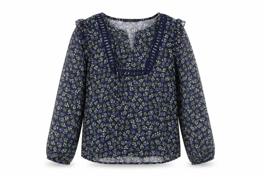 Front view of Unika women’s blue floral basic blouse, size M