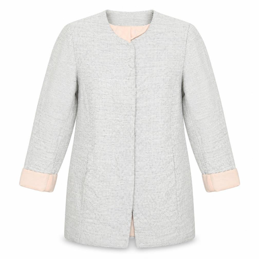 Front view of Kenar women’s grey striped jacket blazer, size UK 14