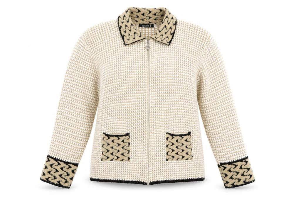 Front view of Envy women’s beige full zip jumper, size M